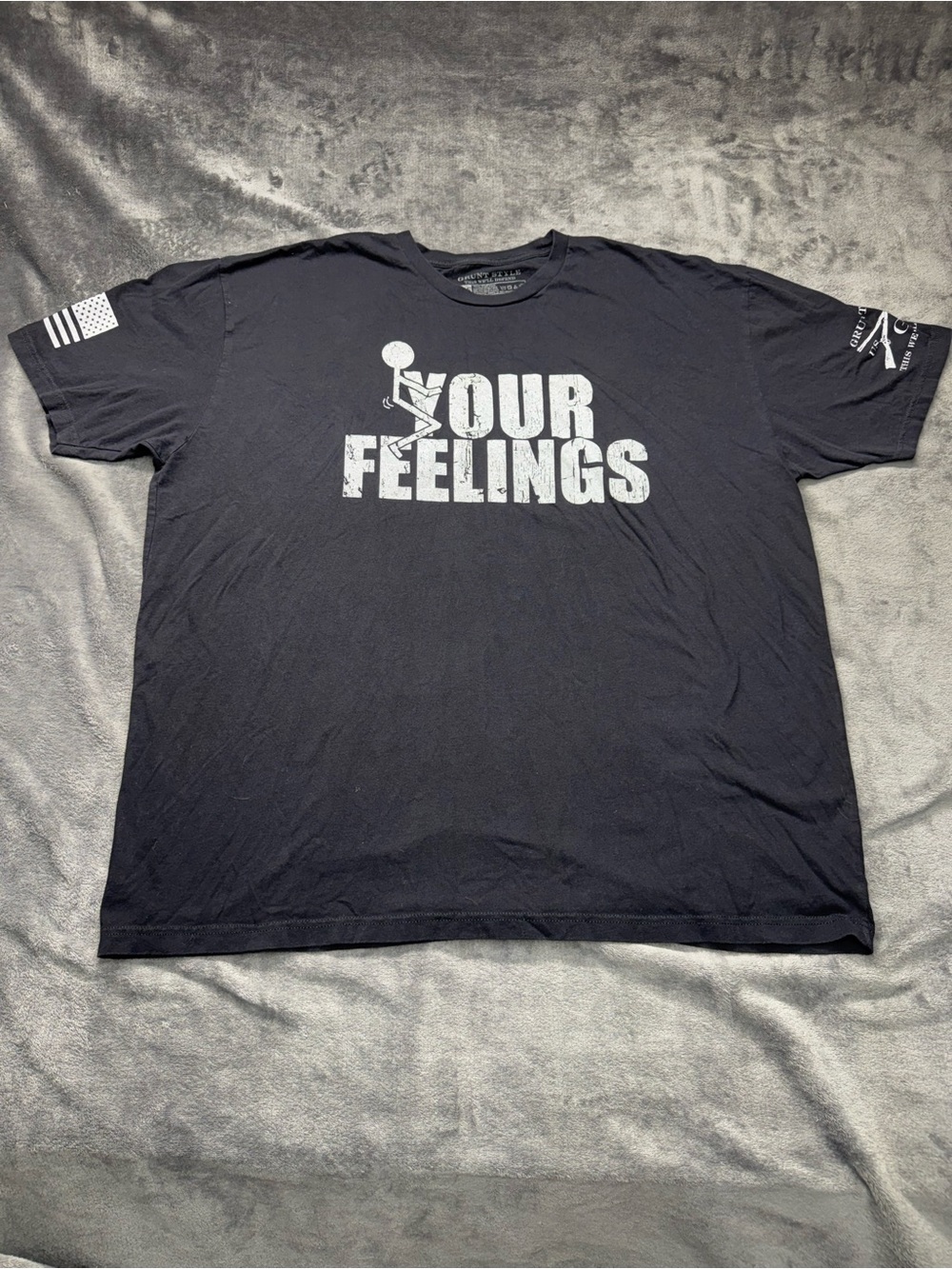 Grunt Style Black Short Sleeve Tee with White "YOUR FEELINGS" Graphic
